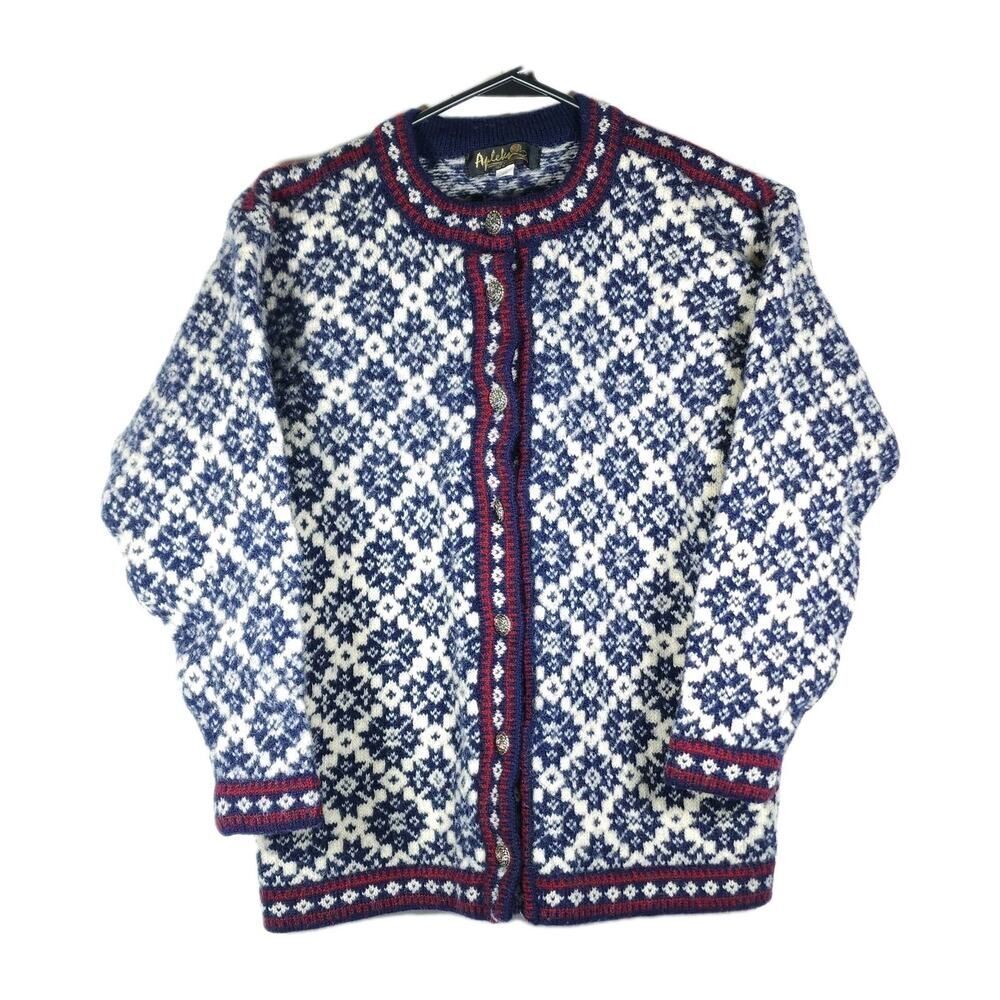 Apleks Women's Sz XS 100% Wool Blue Fair Isle Nordic Design Cardigan Sweater